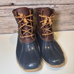 Sperry Top-Sider Saltwater Duck Boot in Dark Beige Leather and Navy Rubber sz 8